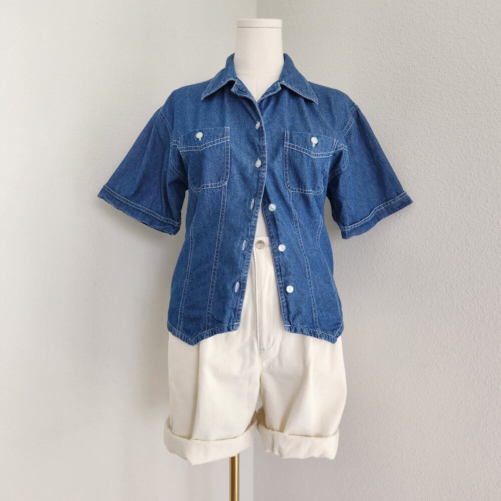 Vintage 90s Dark Denim Chambray Button Down Oversized Short Sleeve Shirt S M